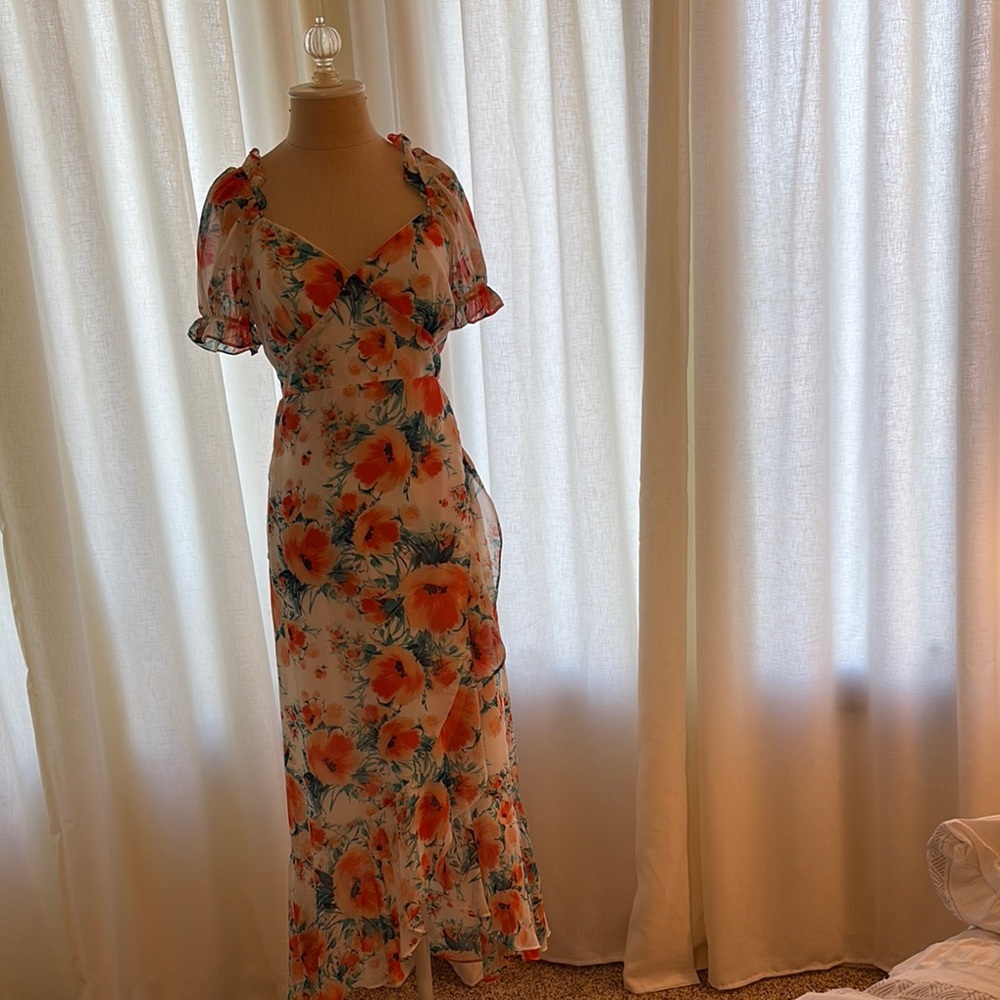 Floral Maxi Dress with Orange and Green Accents, “Romantic Effect”